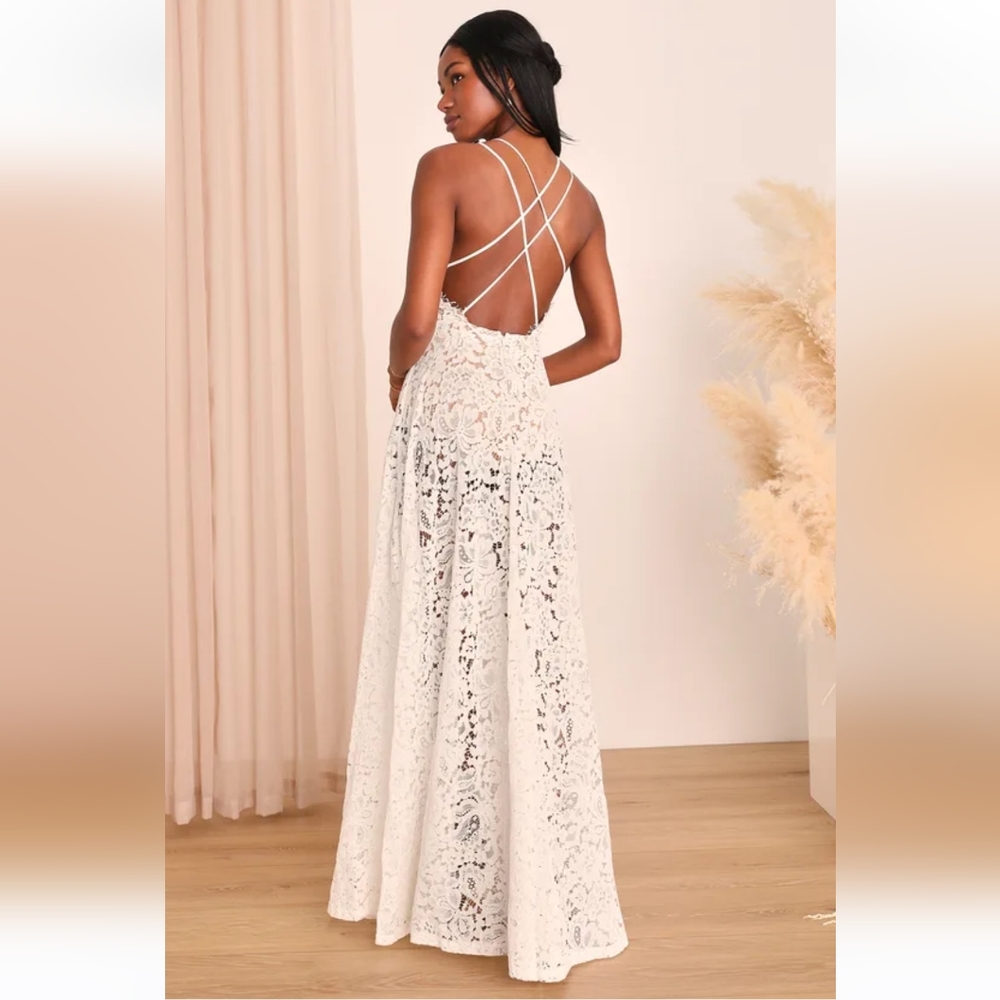 Lulu’s Love of Details White Lace Backless Maxi Dress